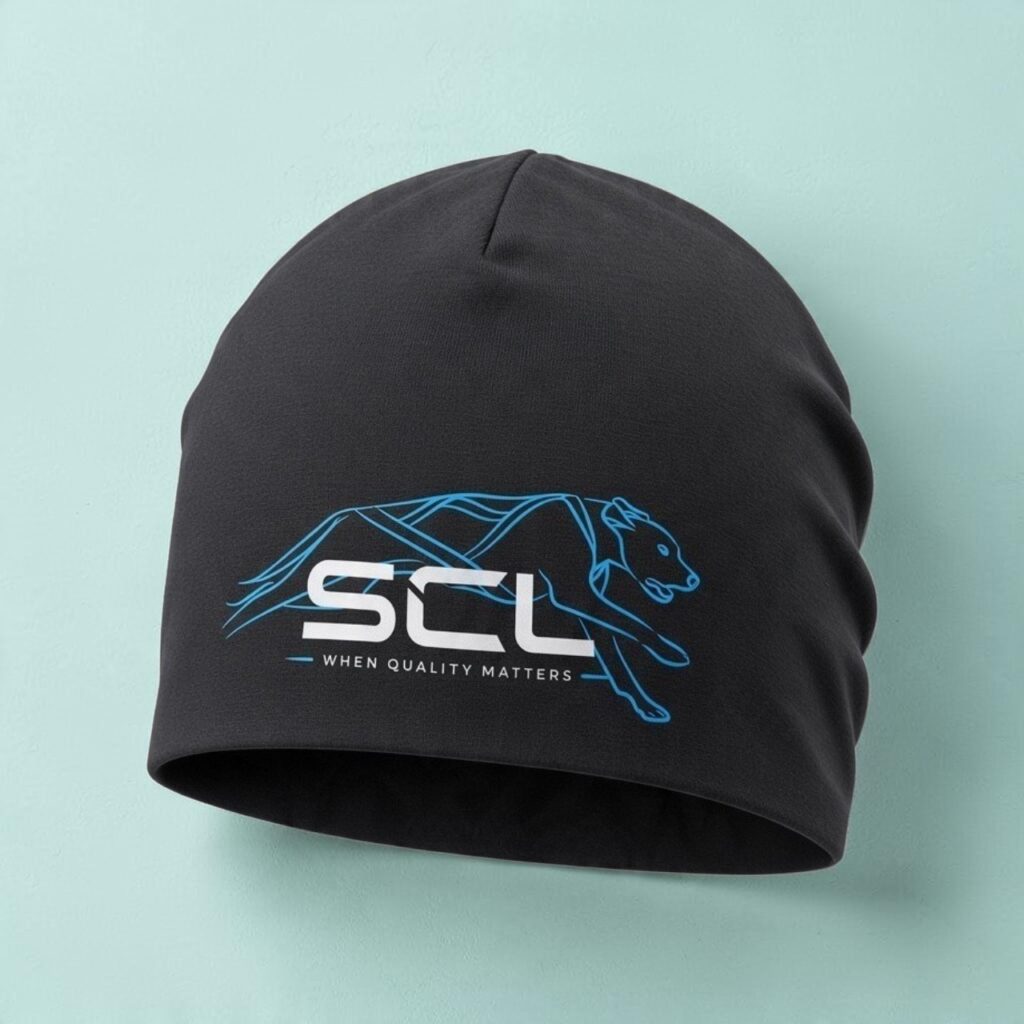 Svart SCL Beanie mössa med blått draghundsmotiv och vit SCL-logotyp